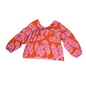 Michelle McDowell Pink Orange Leaf Print Peasant Blouse Top Size M Boho
